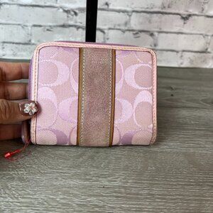 Coach Pink & Beige Signature C Canvas & Patent Leather Bi Fold Wallet